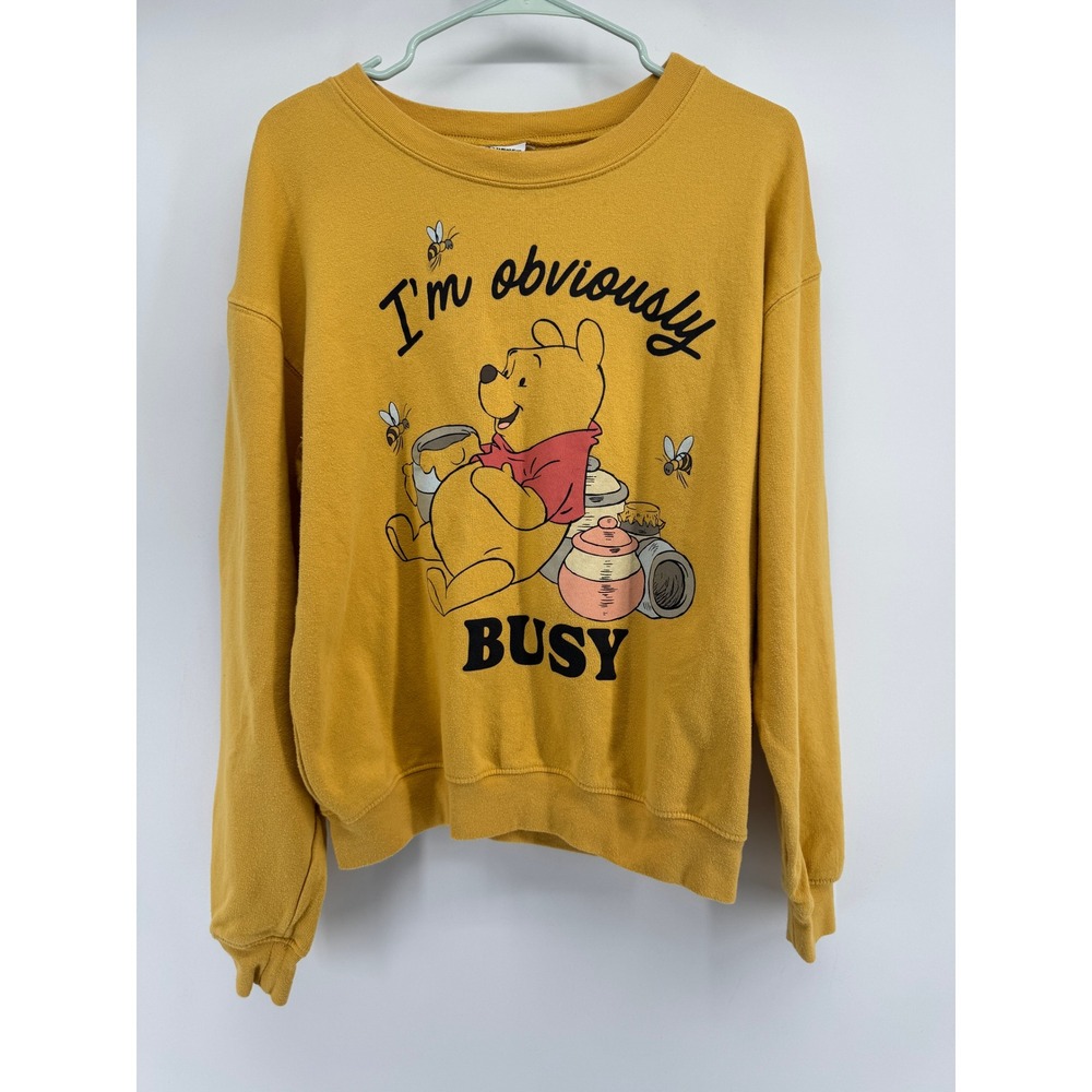 Disney Winnie the Pooh Mustard‎ Yellow Graphic Sweatshirt Busy Pooh Bear Medium